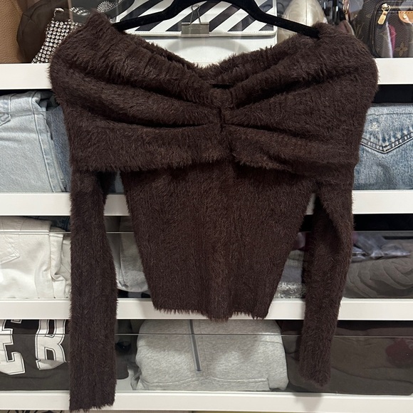 Astr Sweaters - ASTR the Label Brown Fuzzy Off the Shoulder Sweater